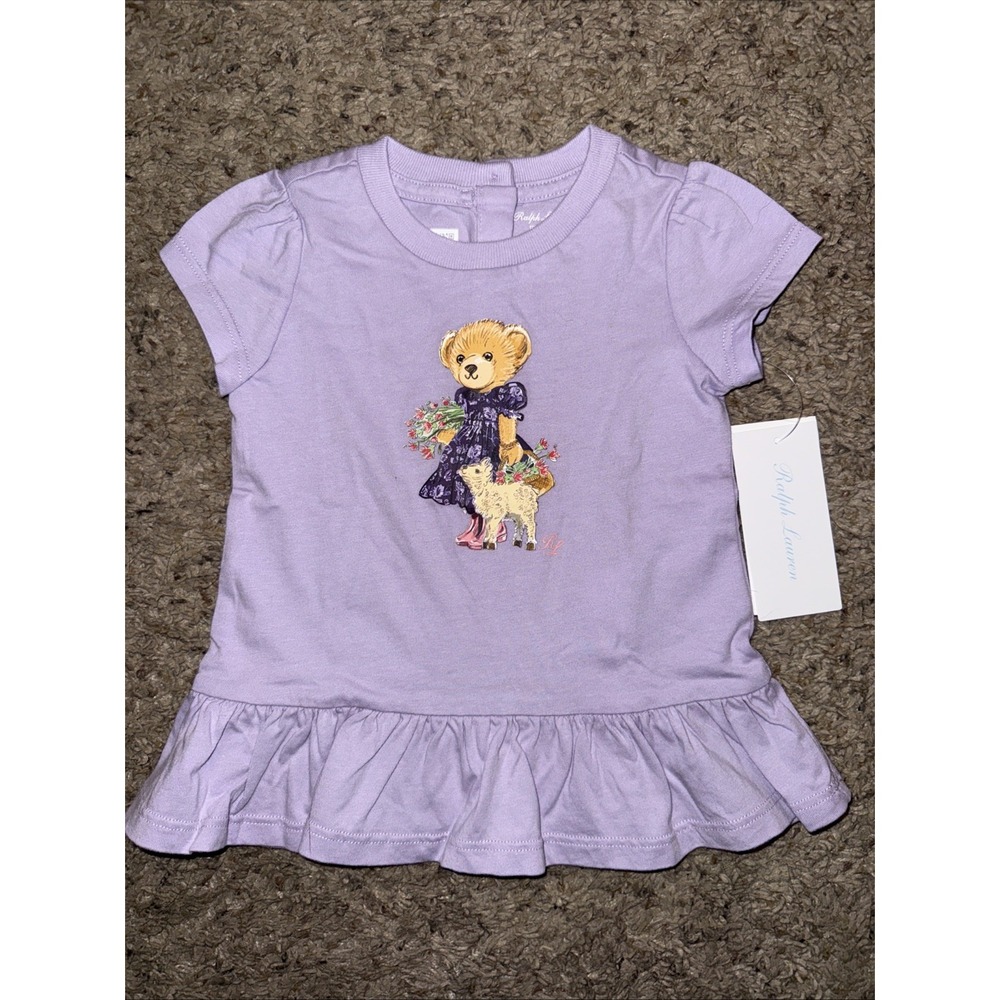 Ralph Lauren Baby Girl's Polo Bear Purple T-Shirt Dress Size 9 mos Ruffle Hem